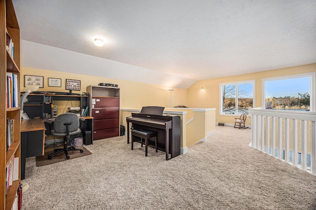 office featuring baseboards, lofted ceiling, and carpet floors