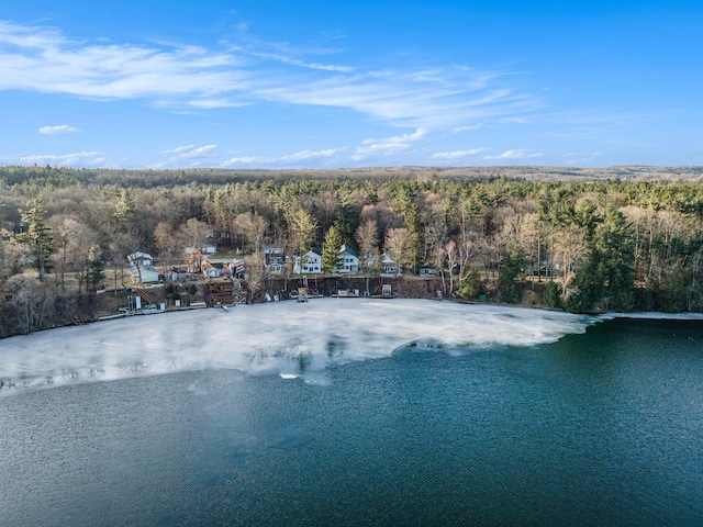 aerial view with a wooded view and a water view