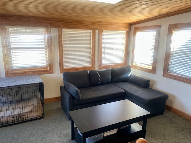 living room featuring baseboards, wood ceiling, and carpet