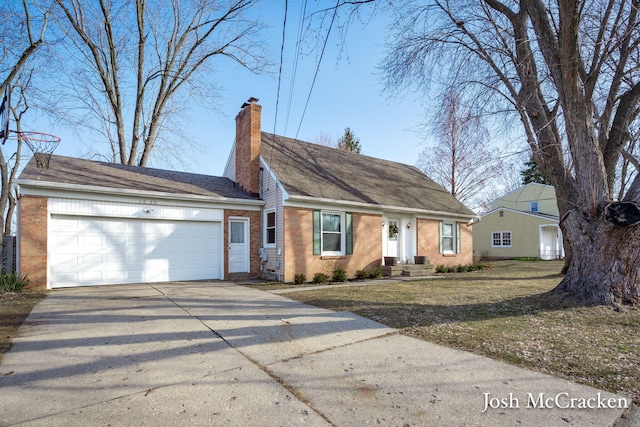 view of front of home featuring a front lawn, concrete driveway, a garage, brick siding, and a chimney