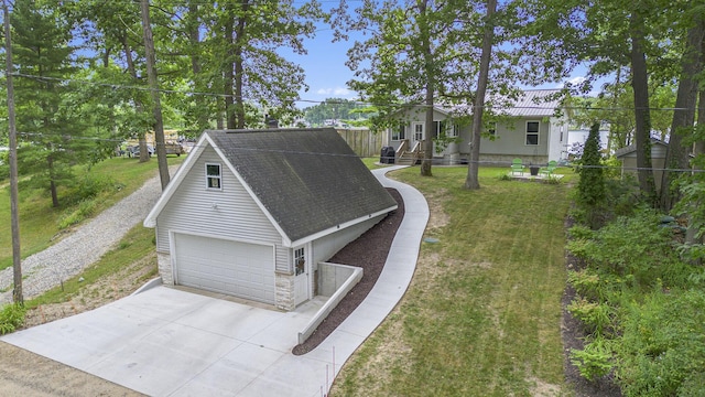 view of front of property with stone siding, a front lawn, and fence