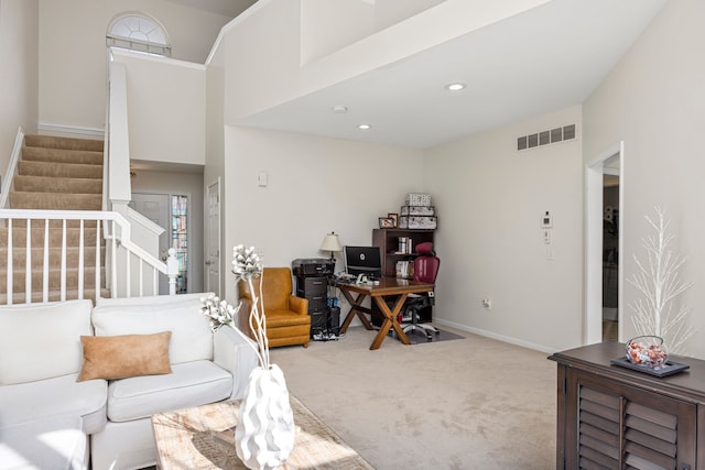 office with recessed lighting, visible vents, baseboards, and carpet flooring