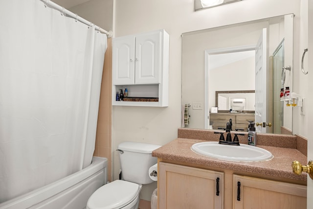 bathroom with toilet, vanity, and shower / bath combination with curtain