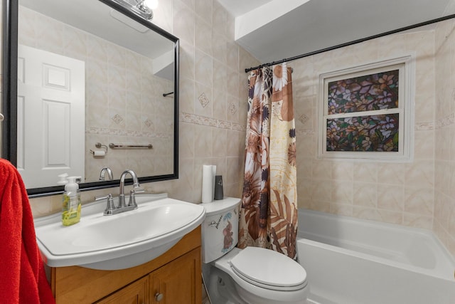 bathroom featuring vanity, shower / bathtub combination with curtain, tile walls, toilet, and backsplash