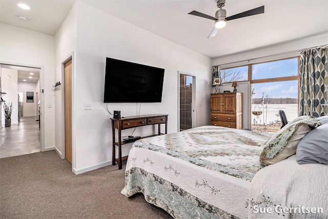 carpeted bedroom with access to outside, baseboards, and ceiling fan