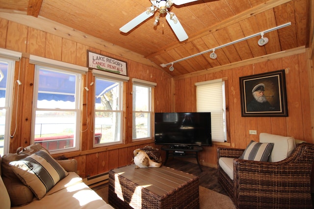 living area with wood walls, wooden ceiling, rail lighting, a ceiling fan, and a baseboard radiator