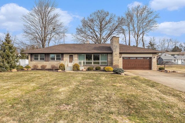 single story home with a front lawn, an attached garage, stone siding, and a chimney