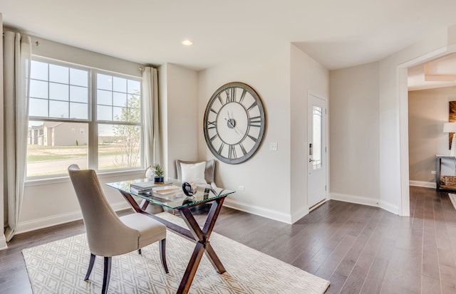 dining room featuring recessed lighting, baseboards, and dark wood-type flooring