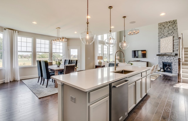 kitchen featuring a sink, dishwasher, open floor plan, and dark wood finished floors