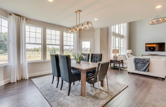 dining area featuring recessed lighting, dark wood-type flooring, and a healthy amount of sunlight