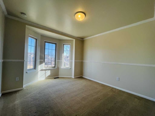 carpeted empty room with visible vents, baseboards, and ornamental molding