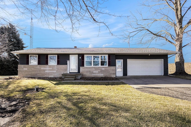 ranch-style house featuring stone siding, roof with shingles, concrete driveway, a front yard, and a garage