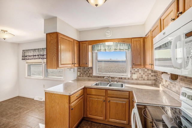 kitchen with a sink, plenty of natural light, white microwave, and electric range oven