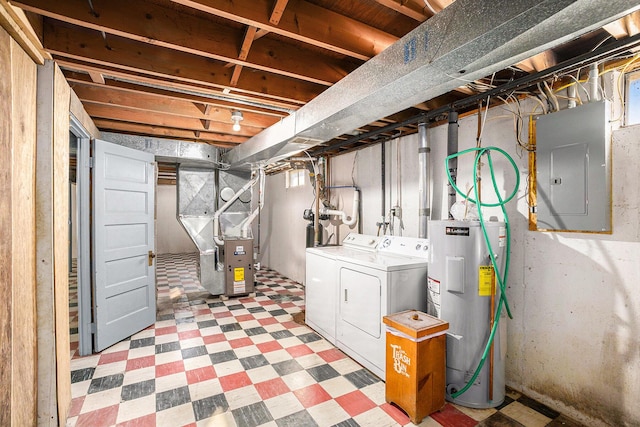 unfinished basement with light floors, water heater, electric panel, heating unit, and separate washer and dryer