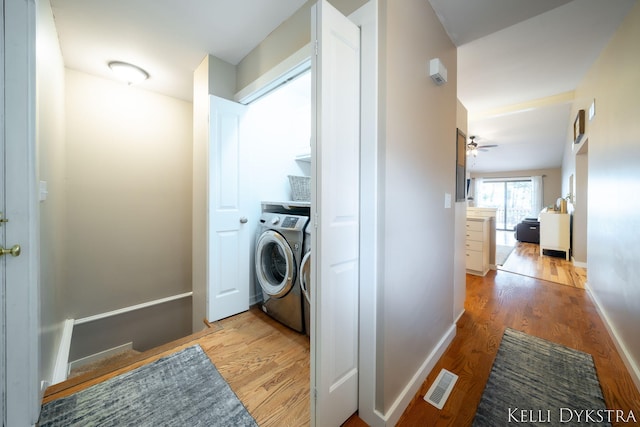 laundry room featuring laundry area, wood finished floors, visible vents, and baseboards