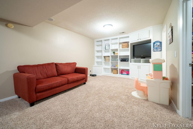 living room featuring carpet flooring, baseboards, and a textured ceiling