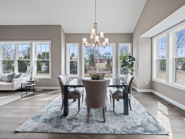 dining space with a chandelier, wood finished floors, lofted ceiling, and baseboards