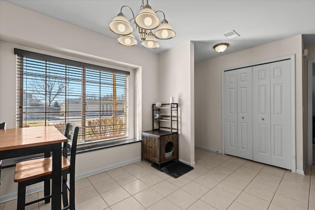 dining room featuring visible vents, baseboards, an inviting chandelier, and light tile patterned flooring