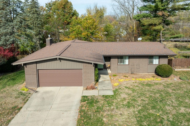 single story home with brick siding, a front yard, a chimney, a garage, and driveway