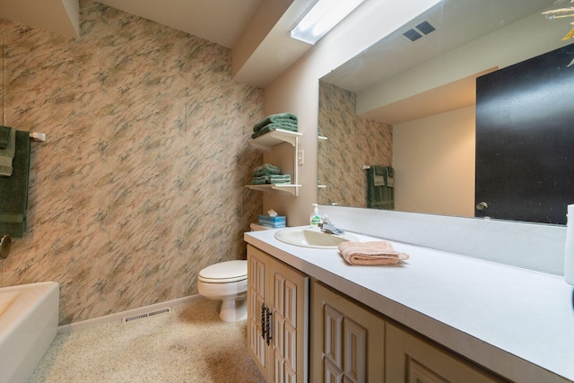 full bath with vanity, visible vents, wallpapered walls, toilet, and a washtub