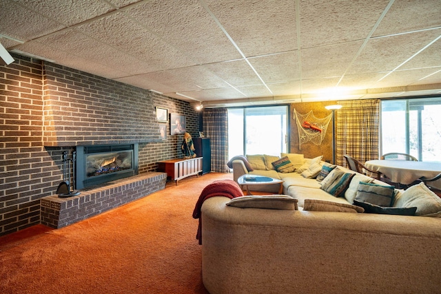 living area featuring a drop ceiling, a brick fireplace, brick wall, and carpet floors