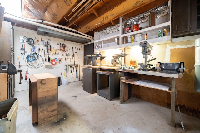 basement with a workshop area