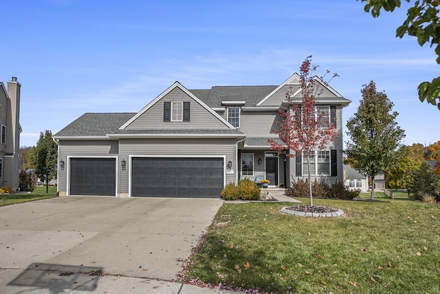 traditional-style home featuring a front yard, a garage, driveway, and roof with shingles