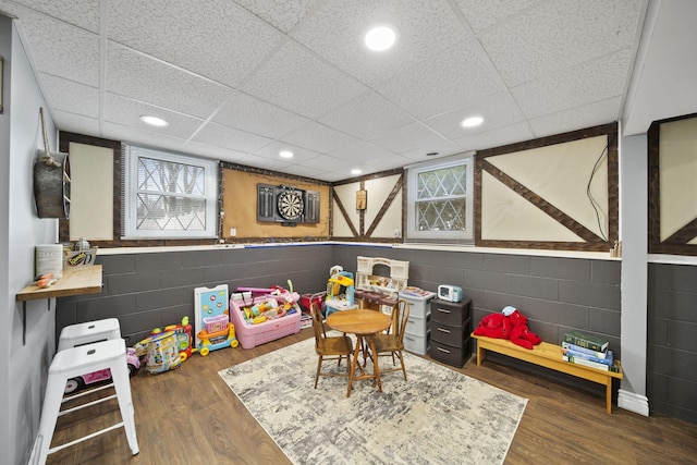 game room featuring concrete block wall, wood finished floors, recessed lighting, and a healthy amount of sunlight