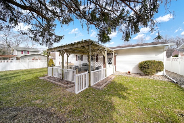 view of yard with a patio, a fenced backyard, and a pergola