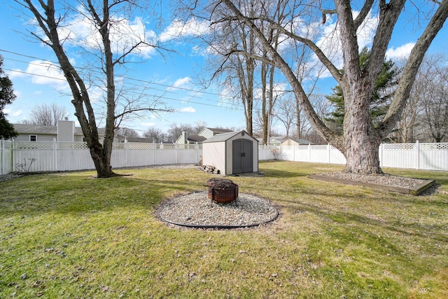 view of yard featuring a storage shed, an outbuilding, and a fenced backyard