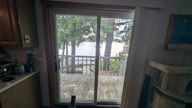 entryway featuring a water view