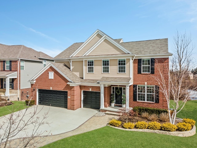 view of front of home with driveway, a front yard, a shingled roof, a garage, and brick siding