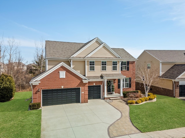 view of front facade featuring brick siding, concrete driveway, a front lawn, and a shingled roof