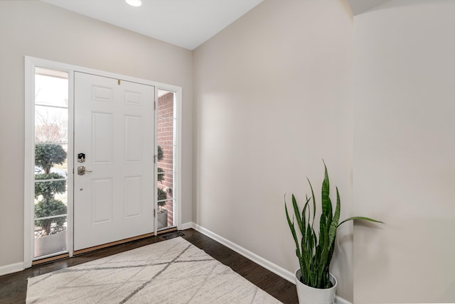 foyer entrance featuring dark wood-type flooring, a healthy amount of sunlight, and baseboards