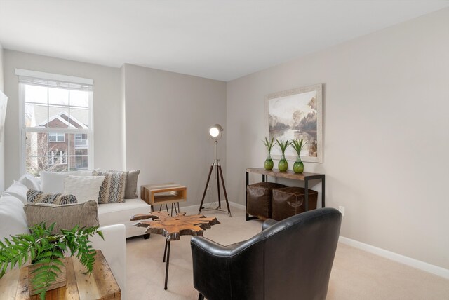 living room with baseboards and carpet