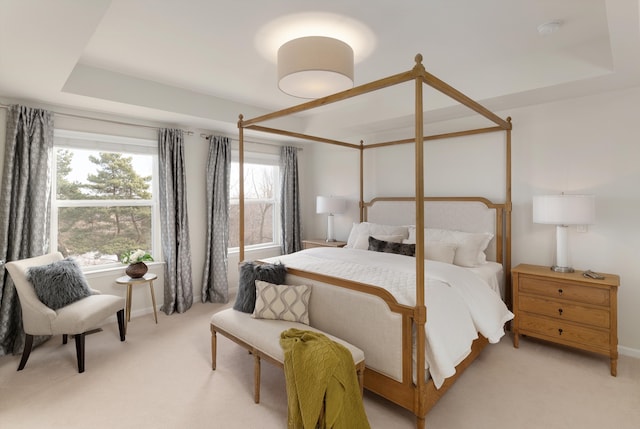 bedroom featuring light carpet and a tray ceiling