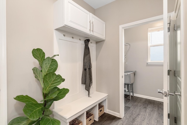 mudroom featuring baseboards and dark wood-style flooring