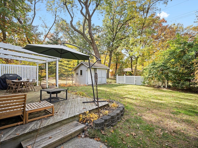 view of yard featuring a deck, an outbuilding, a fenced backyard, and a shed