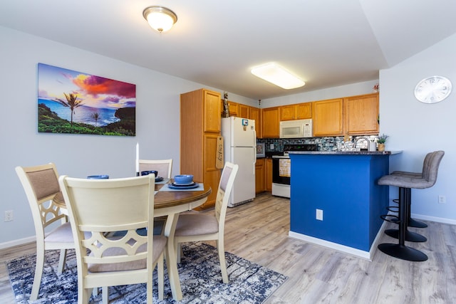 kitchen with light wood-style floors, white appliances, a peninsula, and tasteful backsplash