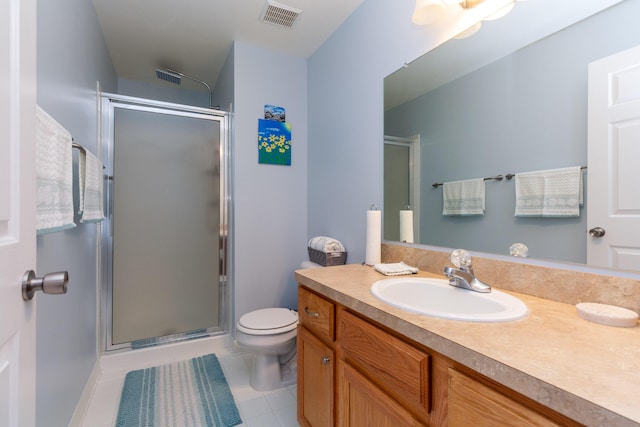 bathroom featuring visible vents, toilet, a stall shower, and vanity