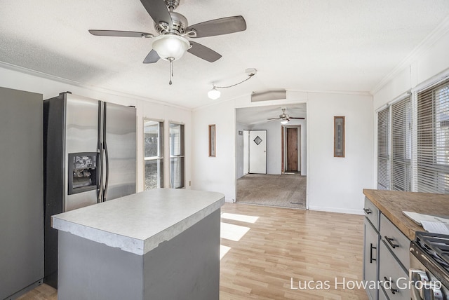 kitchen with light wood-type flooring, a textured ceiling, appliances with stainless steel finishes, and crown molding