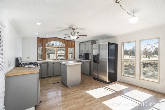 kitchen with light wood finished floors, a center island, lofted ceiling, gray cabinets, and stainless steel appliances