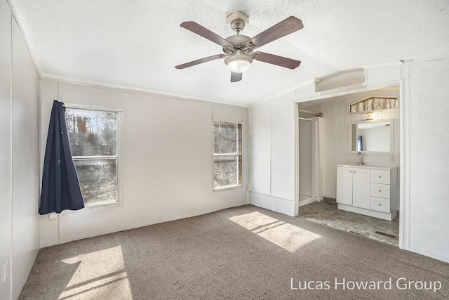 unfurnished bedroom with vaulted ceiling, ornamental molding, carpet floors, a textured ceiling, and a sink