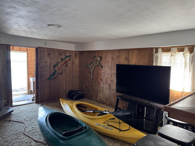 carpeted living area with a textured ceiling