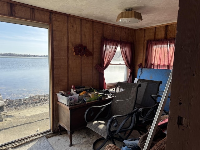 office space featuring a water view, wood walls, and a textured ceiling