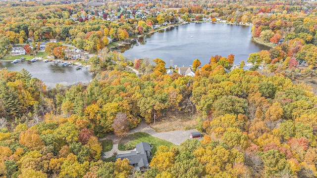 aerial view featuring a water view and a wooded view