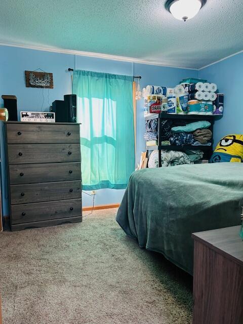 bedroom with ornamental molding, carpet, and a textured ceiling