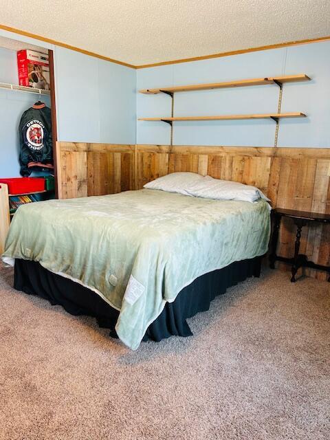 carpeted bedroom with a wainscoted wall, ornamental molding, a textured ceiling, a closet, and wood walls