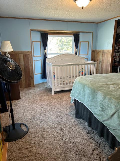 carpeted bedroom with a textured ceiling, wainscoting, and crown molding