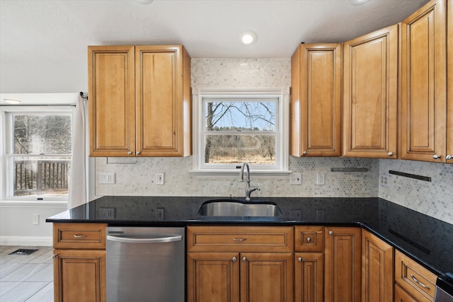 kitchen featuring stainless steel dishwasher, dark stone counters, brown cabinets, and a sink